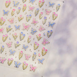 Delicate Dreamy Petal Star Tulip Flower Purple Bowknot Butterfly Illusion Chic Relief Adhesive Nail Art Stickers Manicure Decals (Online Order Only)
