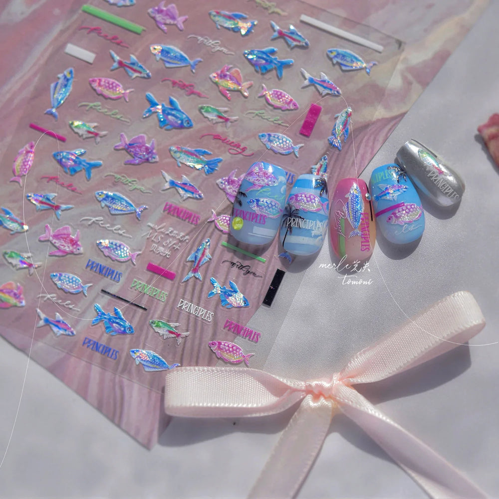 Colorful Shoal of Fish Whale Ocean Shell Conch Starfish Summer Sea Jellyfish Bubble Nail Art Decoration Sticker Manicure Decals (ONLINE ORDER ONLY)