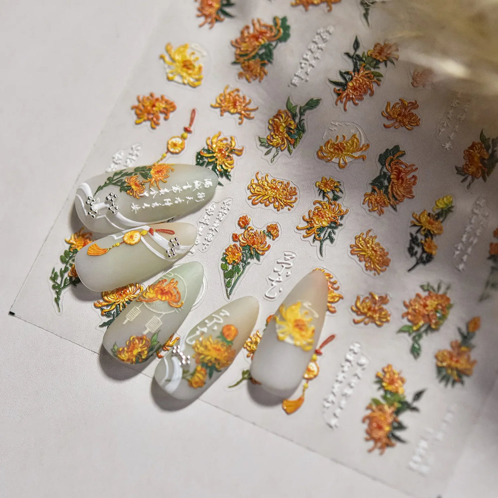 Antique Changle Flower Chrysanthemum Jade Pendant Feathers Green Leaf Adhesive Nail Art Stickers Flat Embossment Manicure Decals (Online Order Only)