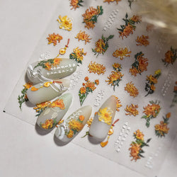 Antique Changle Flower Chrysanthemum Jade Pendant Feathers Green Leaf Adhesive Nail Art Stickers Flat Embossment Manicure Decals (Online Order Only)