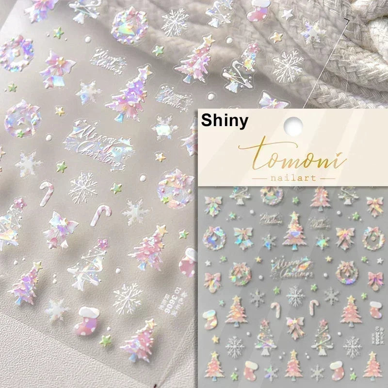 Black White Christmas Tree Snowflake Bowknot Snowman Socks Star Santa Hat Deer Rhinestone Winter Nail Art Sticker Manicure Decal (Online Order Only)
