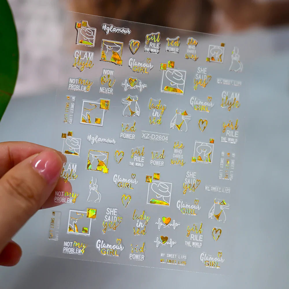 1PC Holographic Laser Heart Nail Stickers-3D Self-Adhesive Golden White Valentines Day Nail Decals For Women Nail Art Decoration (ONLINE ORDER ONLY)