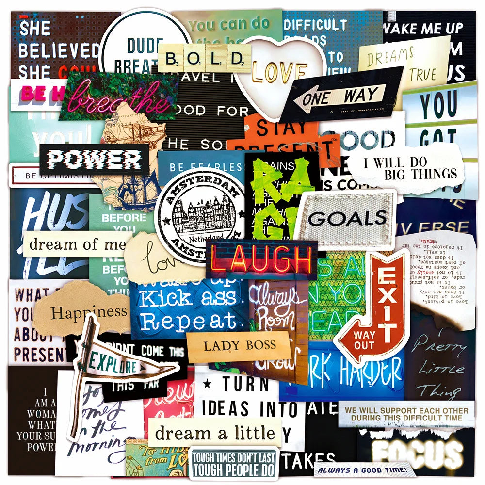 10/60pcs Inspirational English Words Stickers for Notebook Scrapbooking Craft Supplies Vintage Motivational Phrases Sticker Toy (ONLINE ORDER ONLY)