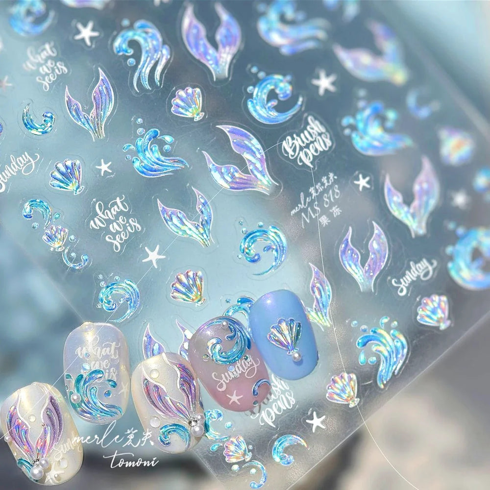 Shiny Mermaid Tail Fish Tail Sea Wave Jelly Spoondrift Shell Starfish Ocean Romantic Delicate Nail Art Stickers Manicure Decals (ONLINE ORDER ONLY)