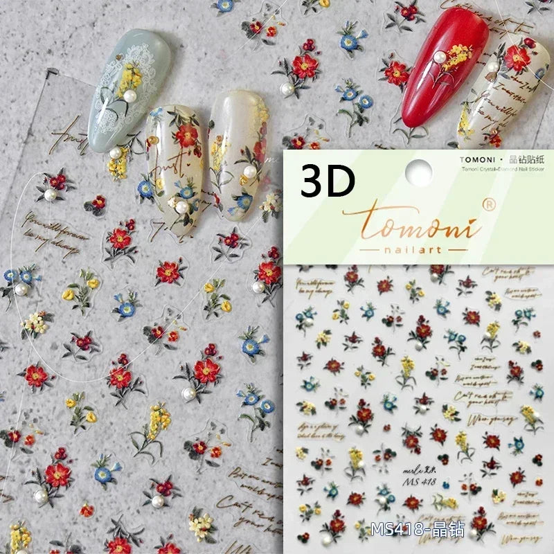 Pale Flower Bouquet Label Bowknot Stationery Sunflower Daisy Leaf 3D Self Adhesive Nail Art Stickers Rhinestone Manicure Decals (Online Order Only)