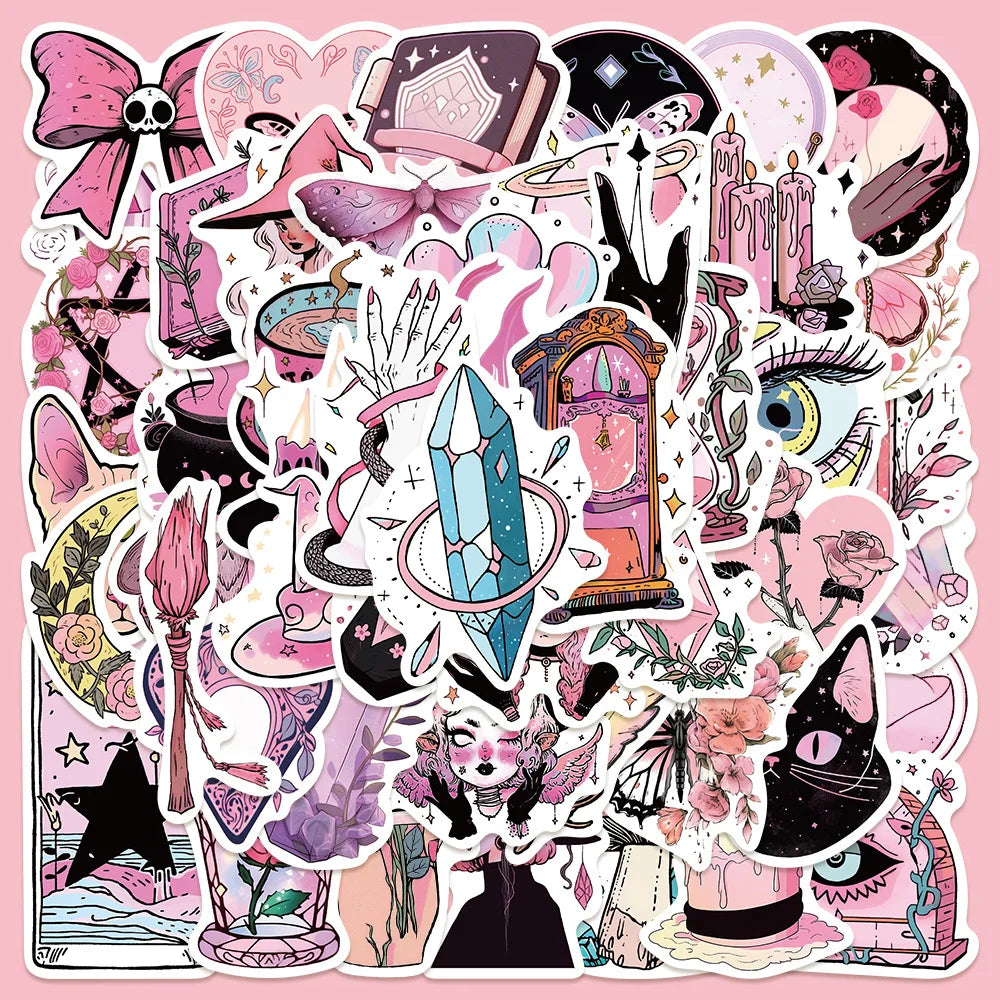 50pcs Pink Witch Graffiti Stickers for Helmets, Walls, DIY Decoration Wholesale (Online Order Only)