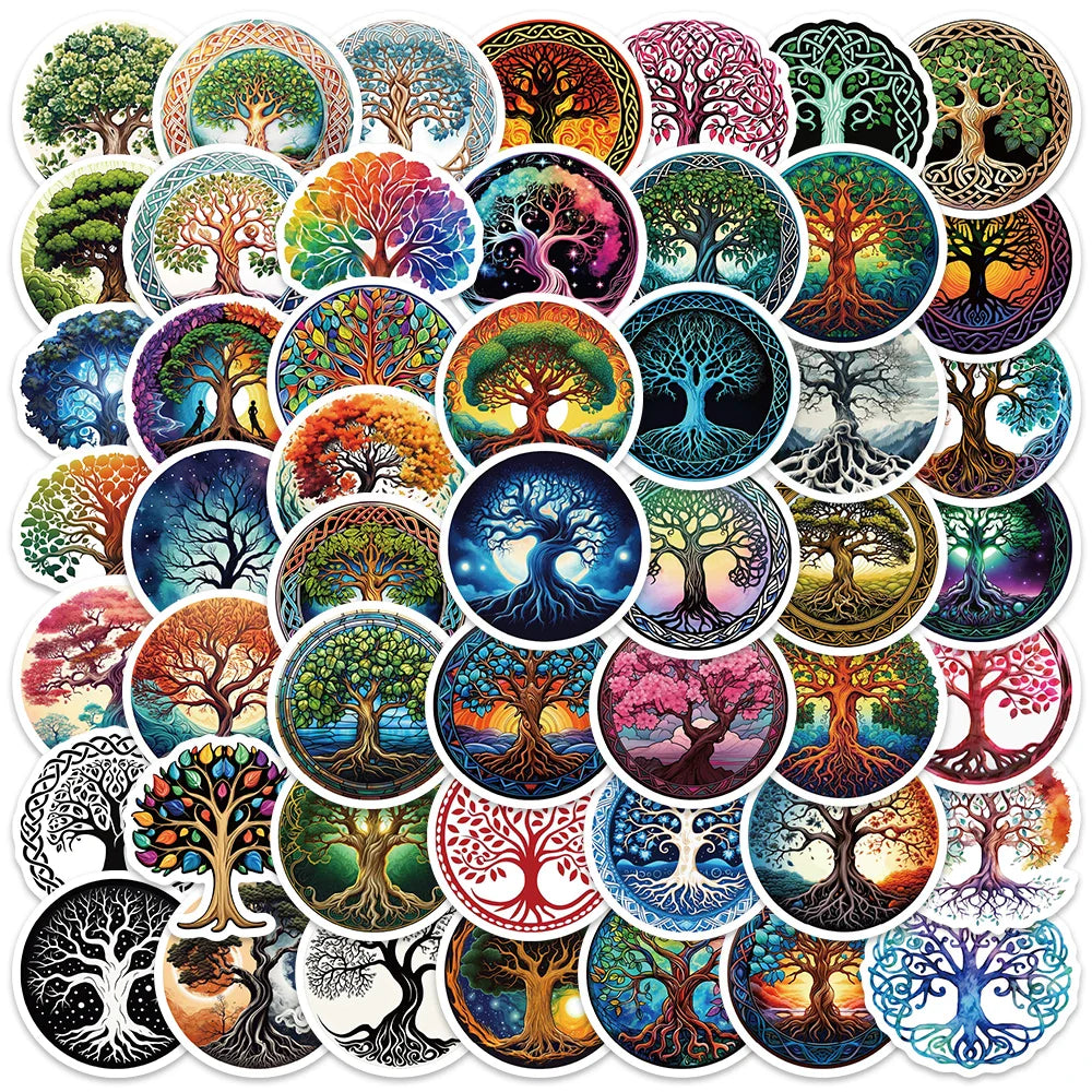 50pcs Aesthetic Cartoon Mysterious Life Trees Stickers Nature Water Bottle Decals Luggage Laptop Guitar Vinyl Car Sticker (ONLINE ORDER ONLY)