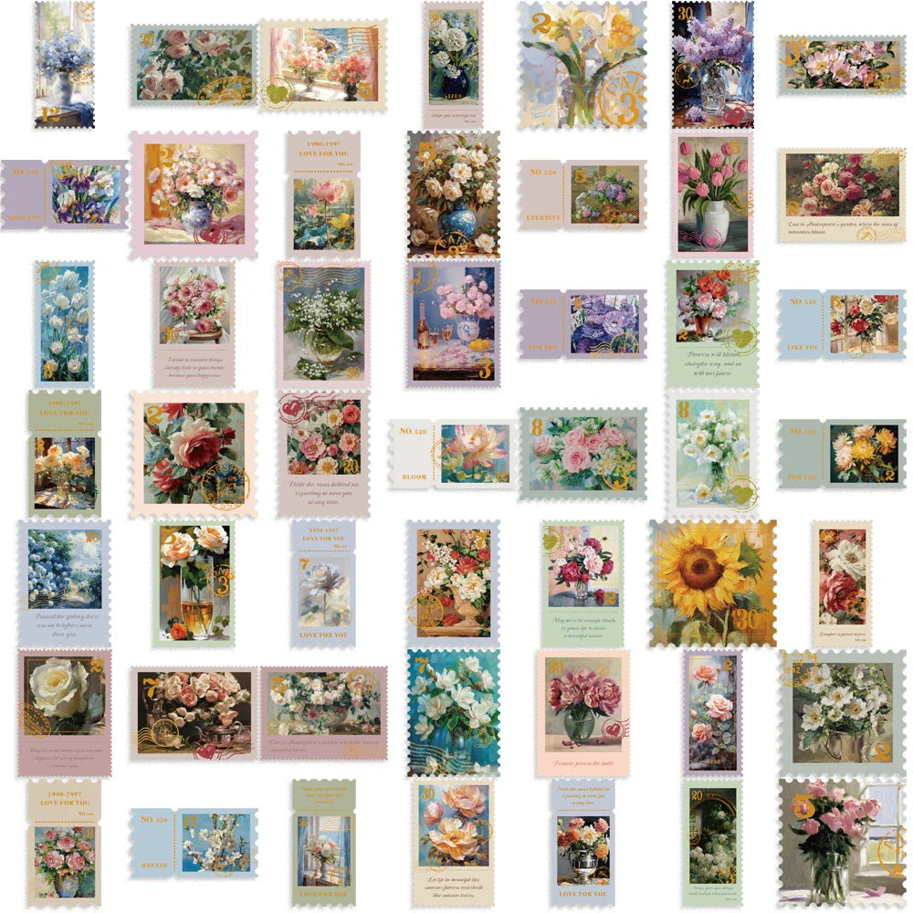 50Pcs Retro Flower Stamps Aesthetic Stickers Graffiti Decals for Scrapbooking Notebook Travel Luggage Bike Phone Sticker﻿ (ONLINE ORDER ONLY)