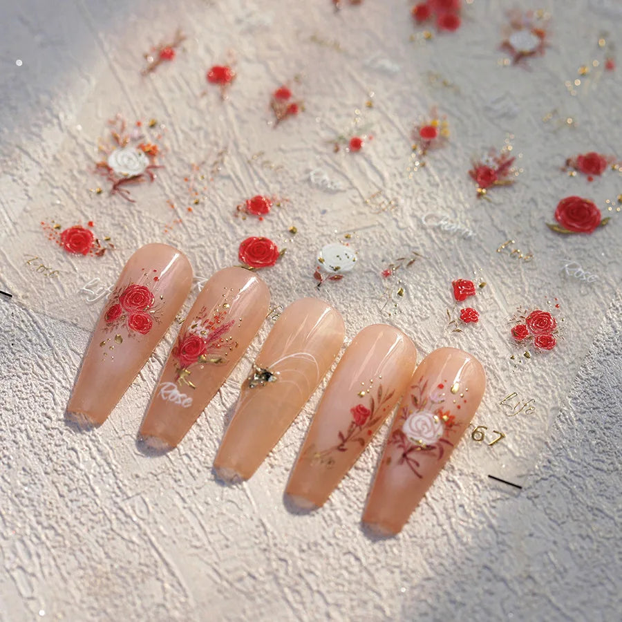 Chic Romantic Red White Flower Hot Stamping 5D Self Adhesive Nail Art Stickers Shiny Dreamy Camellia Rhinestone Manicure Decals (ONLINE ORDER ONLY)