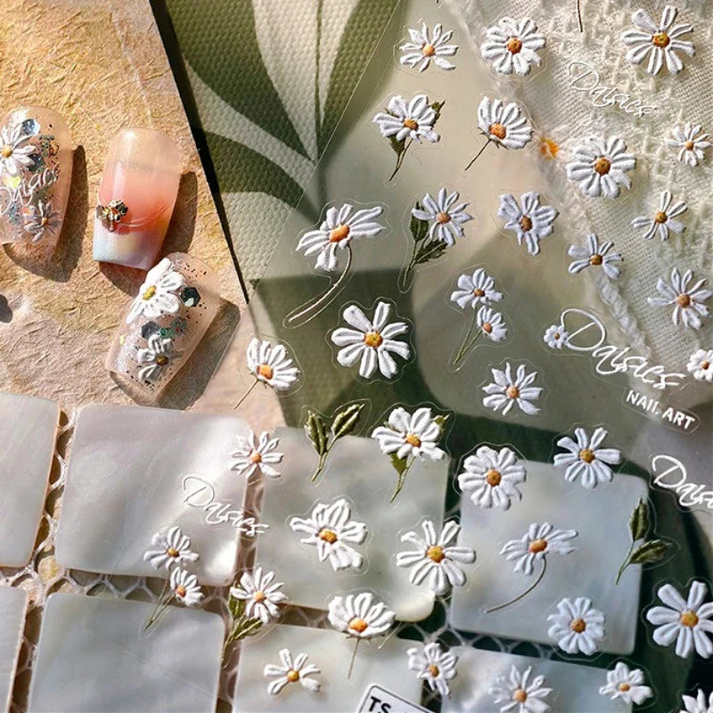 Mountain Daisy Wild Flower Mini Green Leaves White Petal Romantic Embossed Reliefs Adhesive Nail Art Stickers Manicure Decals (ONLINE ORDER ONLY)