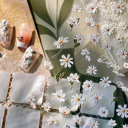 Mountain Daisy Wild Flower Mini Green Leaves White Petal Romantic Embossed Reliefs Adhesive Nail Art Stickers Manicure Decals (ONLINE ORDER ONLY)