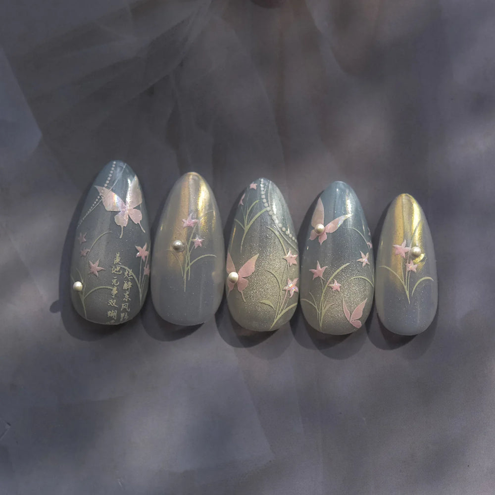 Vigorous Pink Orchid Cymbidium Antique Fragrant Thoroughwort Grass Butterfly Adhesive Nail Art Sticker Plant 3D Manicure Decals (ONLINE ORDER ONLY)