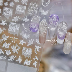 Dreamy Lace Rose Flower Fabric Art Tender Gauze Gird Pearl Pendant Irregular Pattern Nail Art Stickers Decoration Manicure Decal (ONLINE ORDER ONLY)
