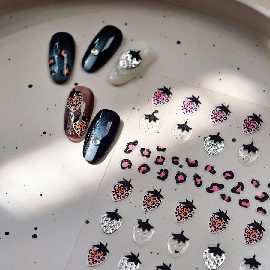 Pink Transparent Strawberry Leopard Print Metal Silver Fruit Lovely Self Adhesive Nail Art Stickers 5D Manicure Decals Wholesale (ONLINE ORDER ONLY)