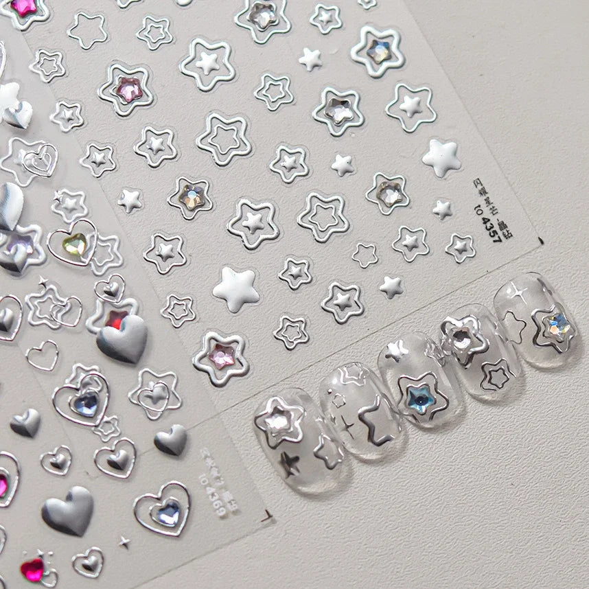 Colored Crystal Star Love Heart Shiny Silver Hollowed Smudging Rainbow Flower Jelly Embossed Nail Art Stickers Manicure Decals (ONLINE ORDER ONLY)