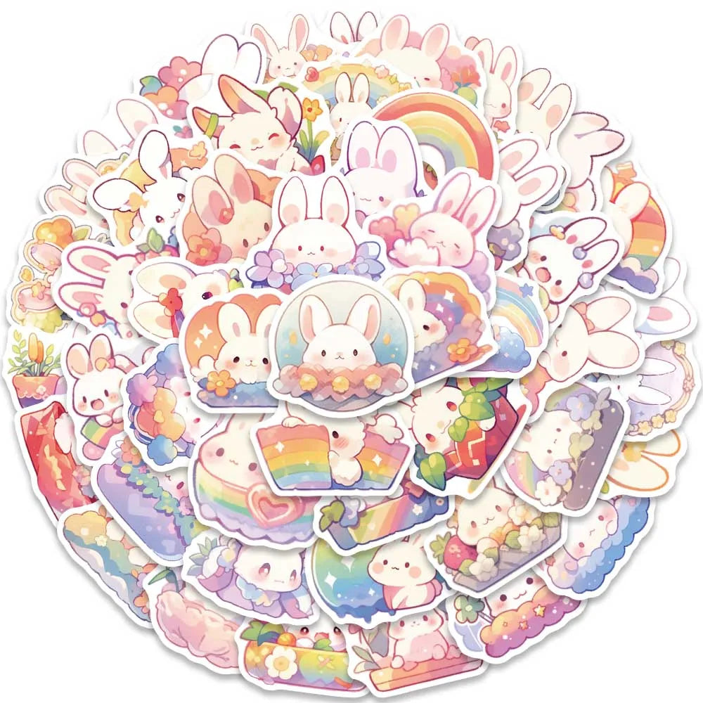 50pcs Cute Cartoon Rainbow Rabbite Animal Stickers For Laptop Phone Guitar Luggage Waterproof Graffiti Vinyl Car Decals (ONLINE ORDER ONLY)