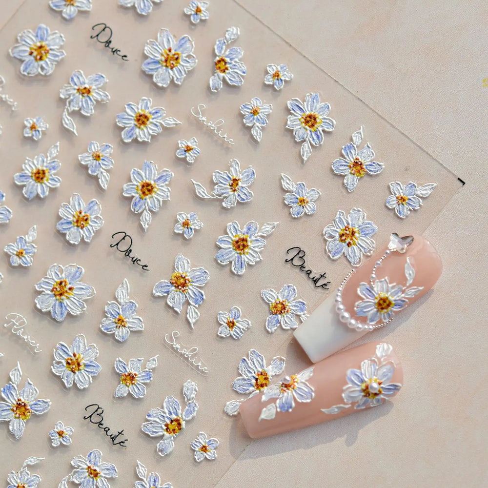 Flowers in Bloom Cosmos Chrysanthemum Daisy White Petal Yellow Stamen Self Adhesive Nail Art Decorations Sticker Manicure Decals (ONLINE ORDER ONLY)