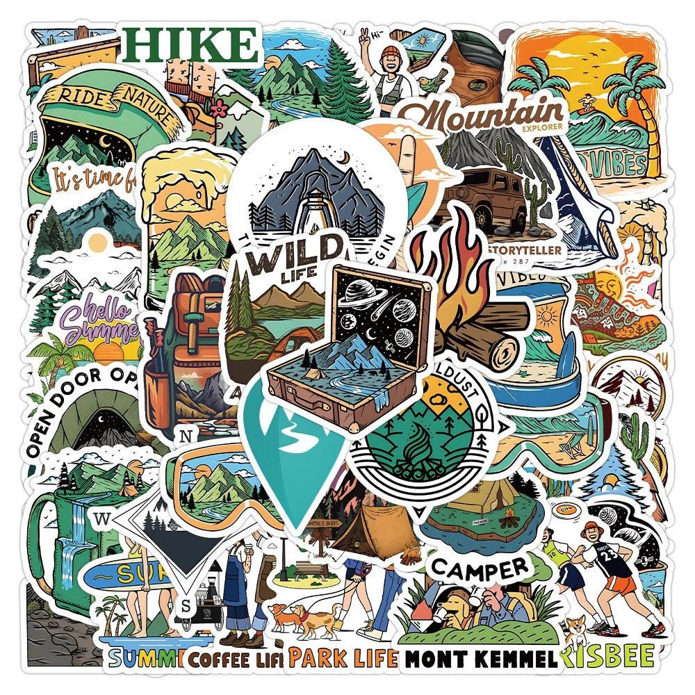 10/30/50pcs Camping Hiking Stickers Outdoor Travel Stickers Waterproof Cars Skateboard Motorcycle Bike Cartoon Sticker Kids Toy (ONLINE ORDER ONLY)