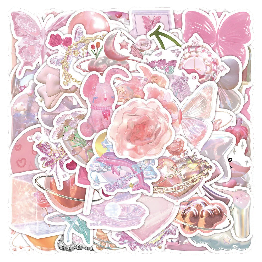 Cute Pink Laser Stickers 10/30/60PCS Aesthetic DIY Skateboard Laptop Phone Luggage Car Decals (ONLINE ORDER ONLY)