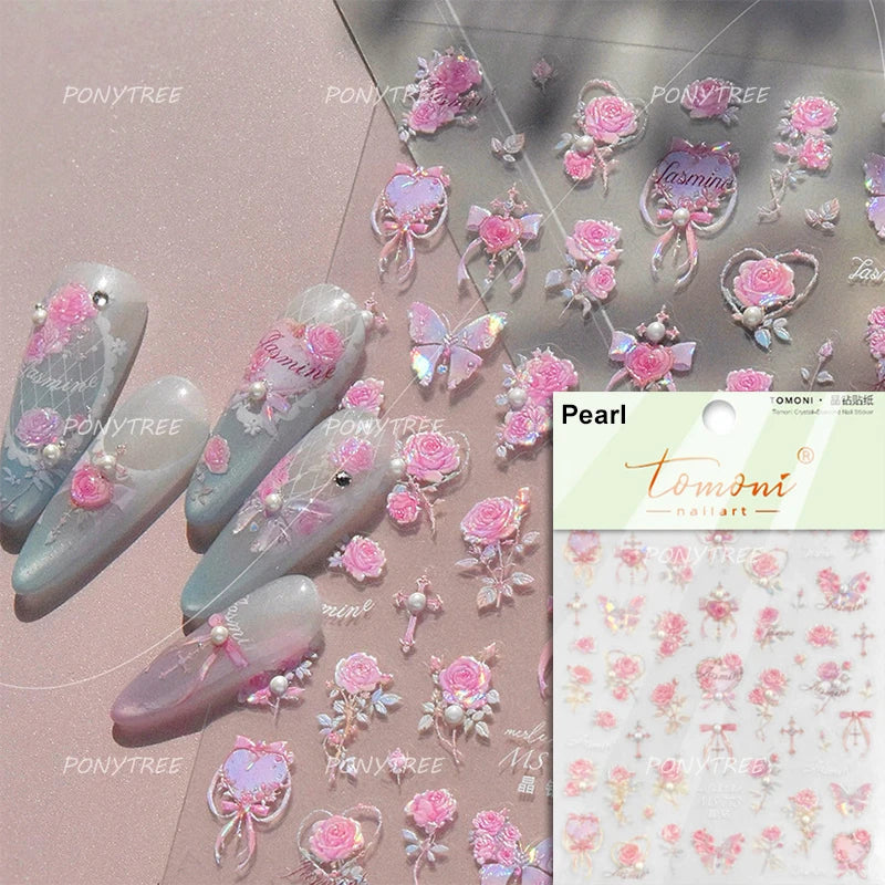 Watercolor Style Rose Flower Colored Rosa Chinensis 3D 5D Flat Reliefs Charming Self Adhesive Nail Art Stickers Manicure Decals (ONLINE ORDER ONLY)
