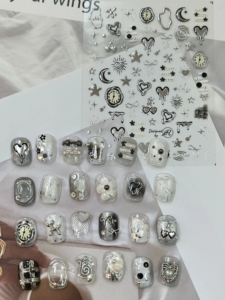 Silver Star Moon Clock Watch Cherry Love Heart Bowknot Gird Irregular Lines Dot Liquid Lava Nail Art Stickers Manicure Decals (ONLINE ORDER ONLY)
