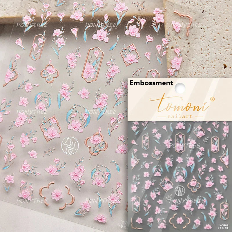 Pink Peach Blossom Blue Magpie Butterfly Bird Wing Tree Branch Animals Plants Shiny 3D Adhesive Nail Art Stickers Manicure Decal (ONLINE ORDER ONLY)