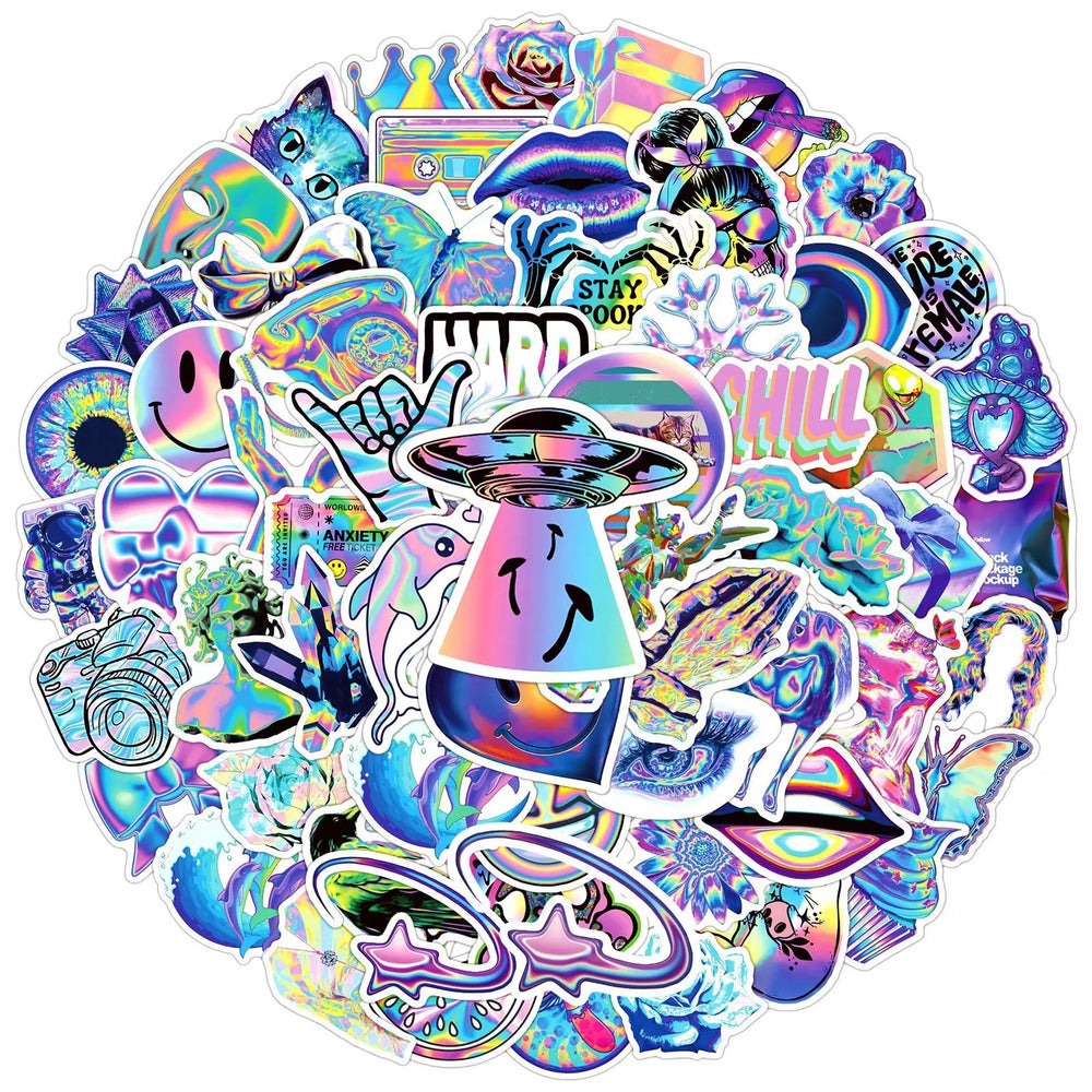 10/50/100pcs Cute Holographic Laser Style Aesthetic Stickers For Water Bottle Luggage Laptop Phone Waterproof Graffiti Decals (Online Order Only)