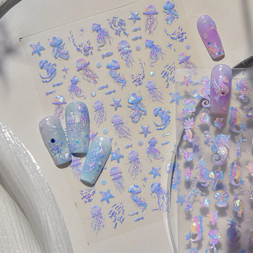 Romantic Mermaid Tail Water Bubbles Seahorse Shell Starfish Coral Pearl Pendant Self Adhesive Nail Art Stickers Manicure Decals (Online Order Only)