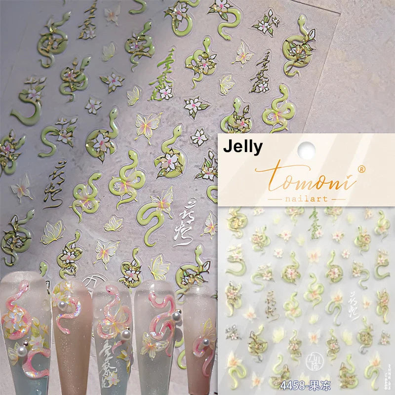 Auspicious Peach Blossom Snake Fan Flower The Spring Festival Tiger Head Adhesive Nail Art Stickers Red Lantern Manicure Decals (Online Order Only)