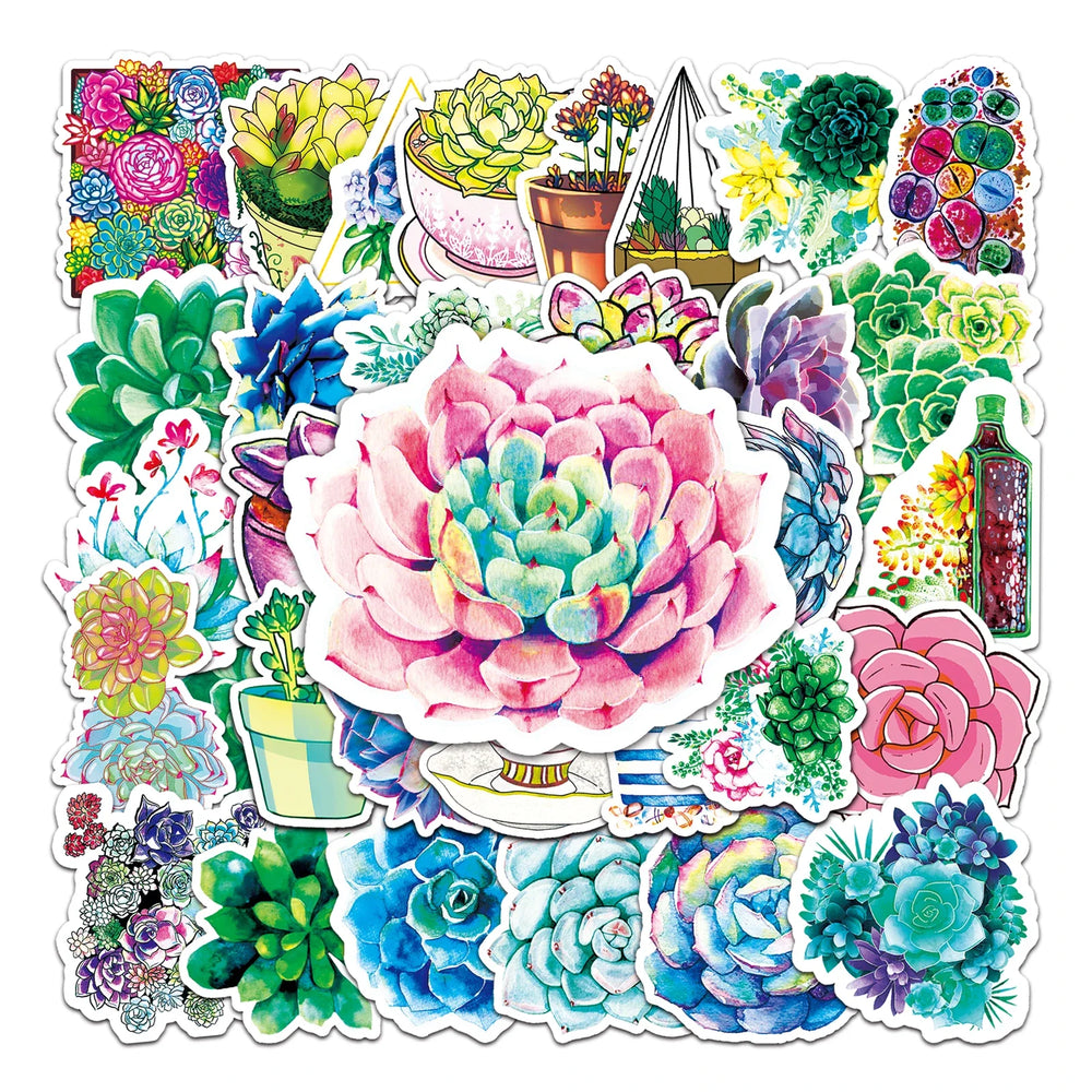 50pc Cute Succulent Cartoon Stickers for Laptop, Guitar, Skateboard, Suitcase Decoration (Online Order Only)