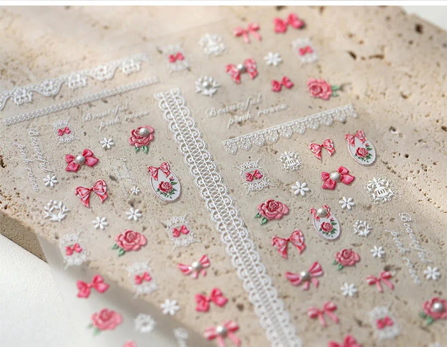 French Chic Mini Pink Rose Flower Bowknot Lace Ribbon Pearl White Little Flower Self Adhesive Nail Art Stickers Manicure Decals (ONLINE ORDER ONLY)
