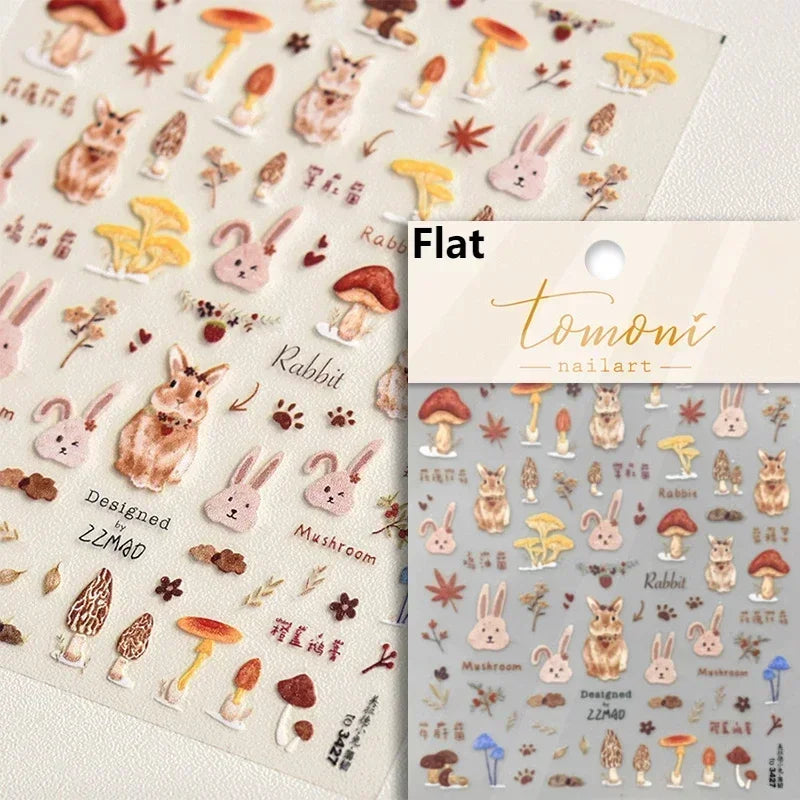 Autumn Fall Maple Leaves Ginkgo Leaf Osmanthus Chrysanthemums Rabbit Bunny Plant Flower Relief Nail Art Sticker Decoration Decal (ONLINE ORDER ONLY)