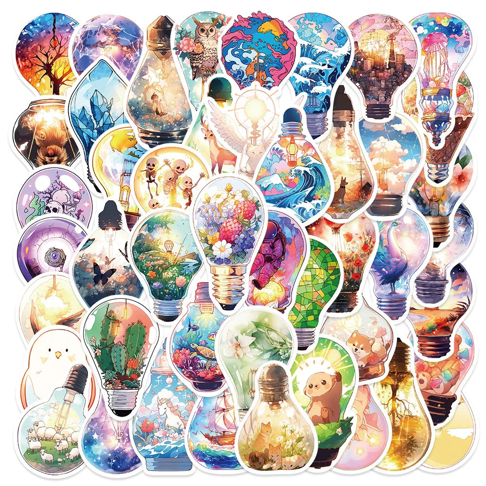10/30/50pcs Cute World In Bulb Cartoon Stickers Aesthetic Decals Laptop Phone Suitcase Phone Car Decoration Sticker Kids Toys (ONLINE ORDER ONLY)