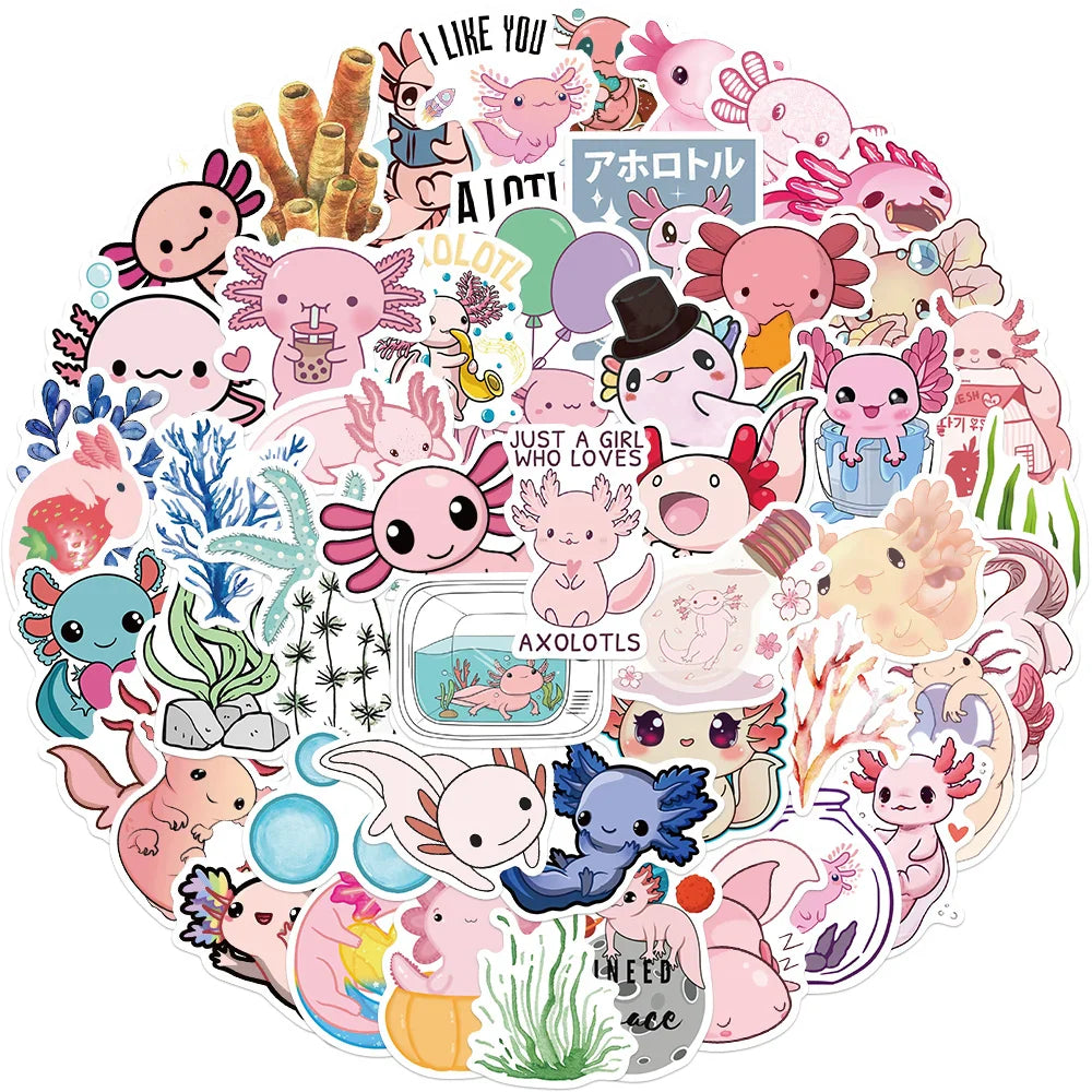 100Pcs Axolotl Graffiti Stickers Cute Animal Cartoon Decal Kids Toy Suitcase Scrapbook Diary Phone Laptop Sticker Pack (Online Order Only)