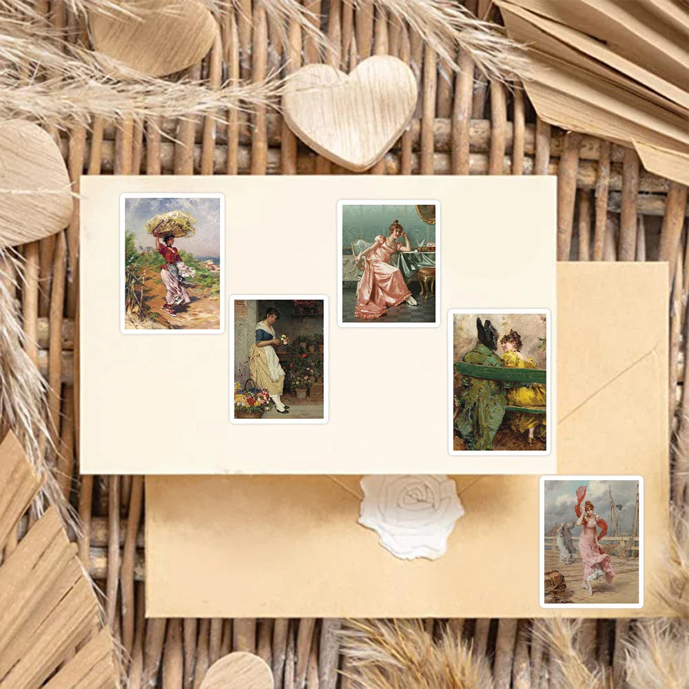 52Pcs Cartoon Retro Victorian Art Series Stickers PVC Waterproof Sticker Decals For Scrapbook Laptop Bottle Toys Gift (ONLINE ORDER ONLY)