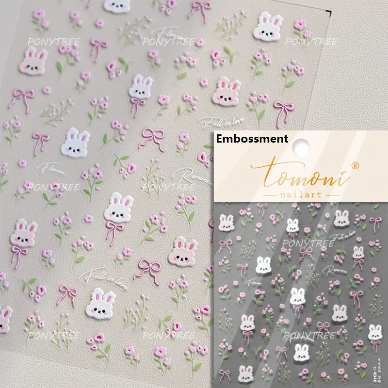 Cute Rabbit Fan Peach Blossom Teacup Lollipop Strawberry Star Cherry Hat Soft Embossed Adhesive Nail Art Stickers Manicure Decal (ONLINE ORDER ONLY)