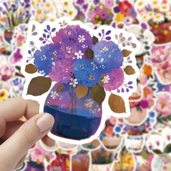 10/30/54PCS Hand Painted Flowers Stickers Flowers in Cup DIY Toy Potted Plants Sticker Laptop Phone Guitar Car Bike Skateboard (ONLINE ORDER ONLY)