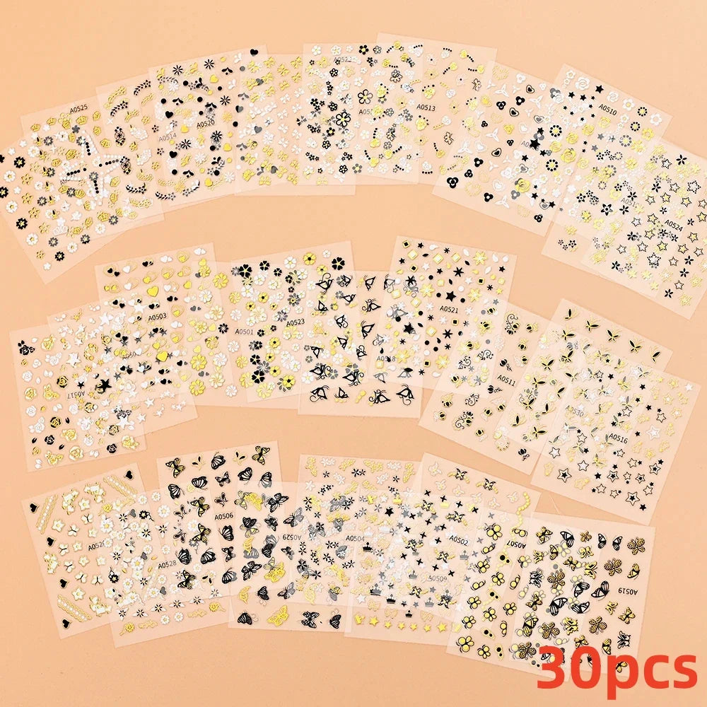 30Pcs/Set Red Golden 3D Nail Art Sticker Hot Stamping Hollow Decals Mixed Designs Adhesive Flower Nail Tips Letter Butterfly Set (Online Order Only)