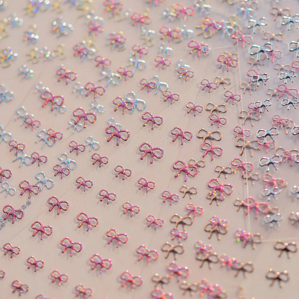 Shiny Pink Silver Gold Bowknot Tie Line Mini Delicate 3D 5D Self Adhesive Nail Art Stickers Embossment Rhinestone Manicure Decal (Online Order Only)