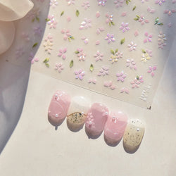 Pink Cherry Blossoms Peach Flower Petal Green Leaf Greenery 5D Embossed Relief Self Adhesive Nail Art Sticker 3D Manicure Decals (ONLINE ORDER ONLY)