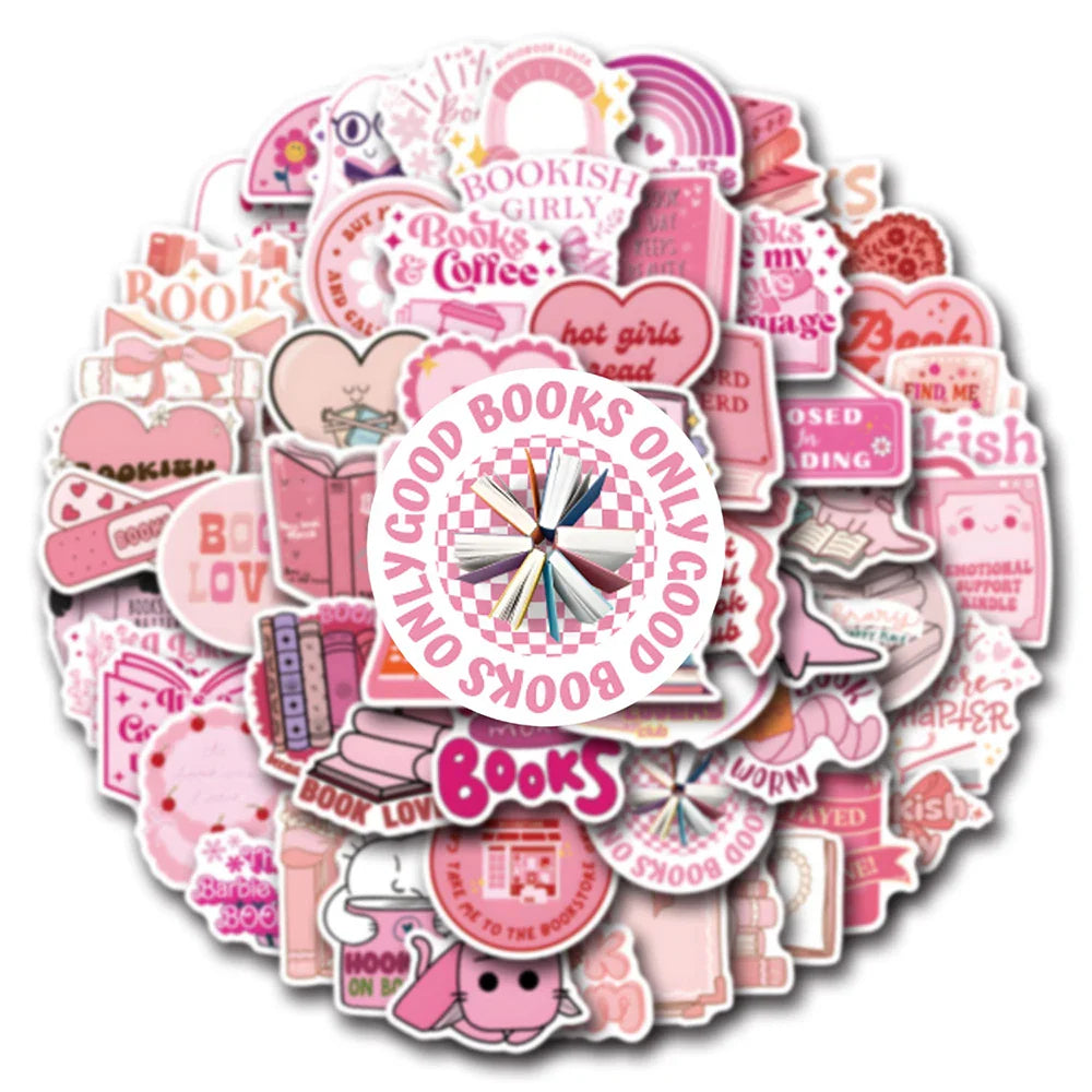 10/30/60PCS Cute Pink Reading Book Bookish Stickers Cartoon Decals DIY Decoration Notebook Laptop Phone Luggage Car Graffiti Toy (Online Order Only)