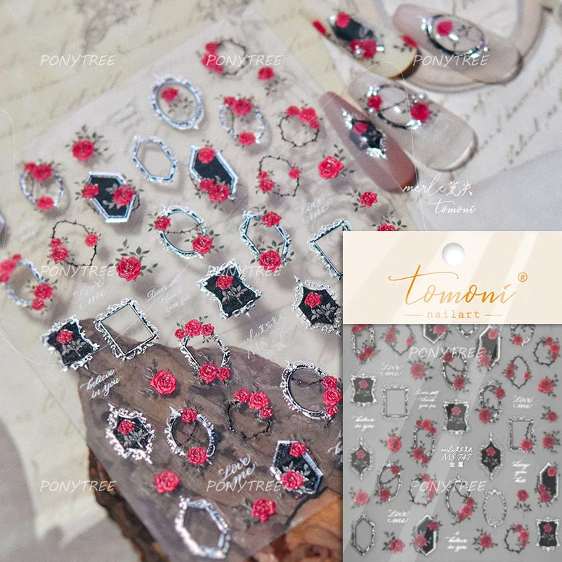 Watercolor Style Rose Flower Colored Rosa Chinensis 3D 5D Flat Reliefs Charming Self Adhesive Nail Art Stickers Manicure Decals (ONLINE ORDER ONLY)