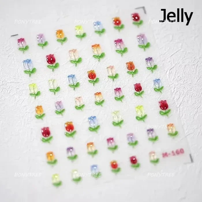 Hot Stamping Jelly All Tulips Garden Flower Bowknot Wave Lace Line Golden and Radiant Adhesive Nail Art Stickers Manicure Decals (ONLINE ORDER ONLY)