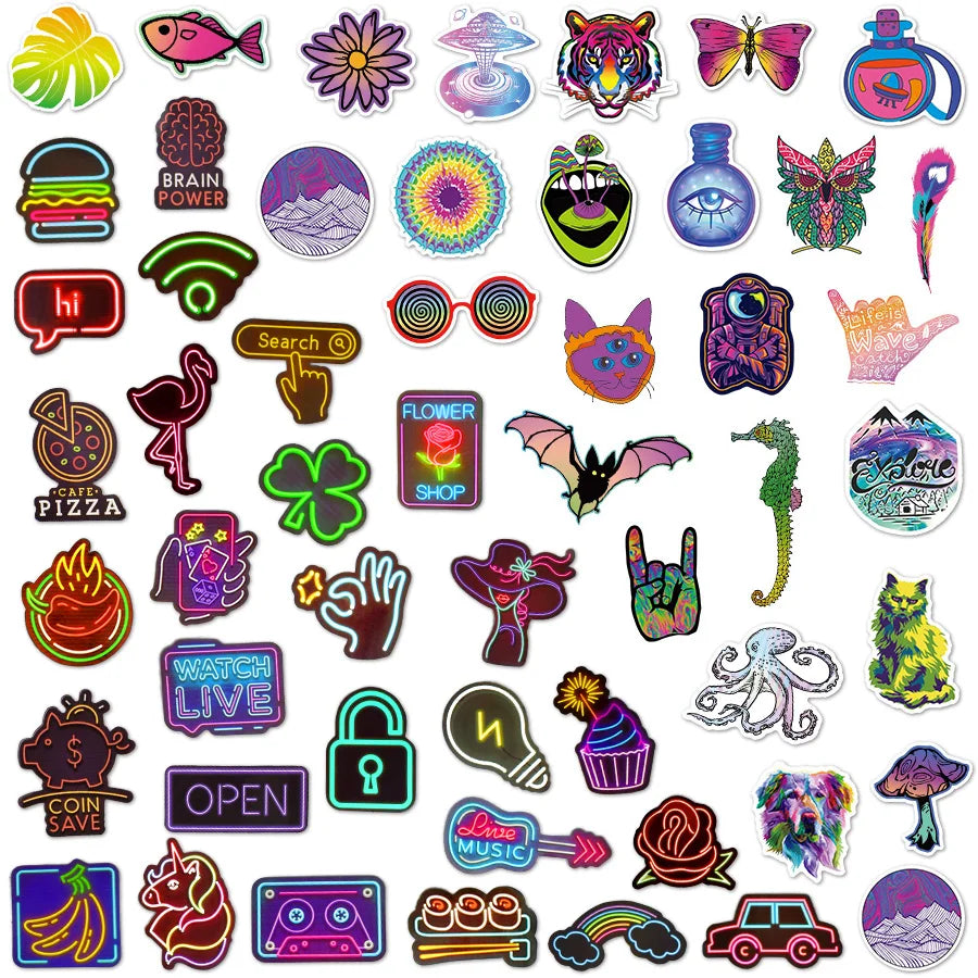 110Pcs Psychedelic Mushroom Stickers Neon Light Waterproof Stickers Suitable for Laptop Helmets Bicycles Children's Gift Sticker (Online Order Only)