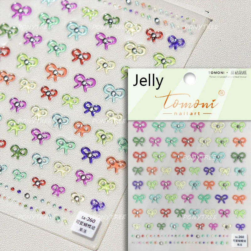 Purple Gold Silver Bowknot Cherry Fruit Cute Ribbon Tie Line Delicate 3D Adhesive Nail Art Stickers Manicure Decals Wholesale (Online Order Only)