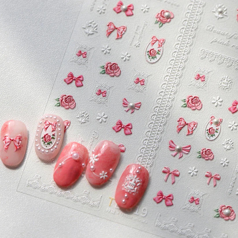 French Chic Mini Pink Rose Flower Bowknot Lace Ribbon Pearl White Little Flower Self Adhesive Nail Art Stickers Manicure Decals (ONLINE ORDER ONLY)