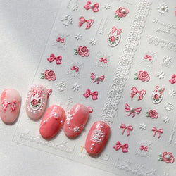 French Chic Mini Pink Rose Flower Bowknot Lace Ribbon Pearl White Little Flower Self Adhesive Nail Art Stickers Manicure Decals (ONLINE ORDER ONLY)