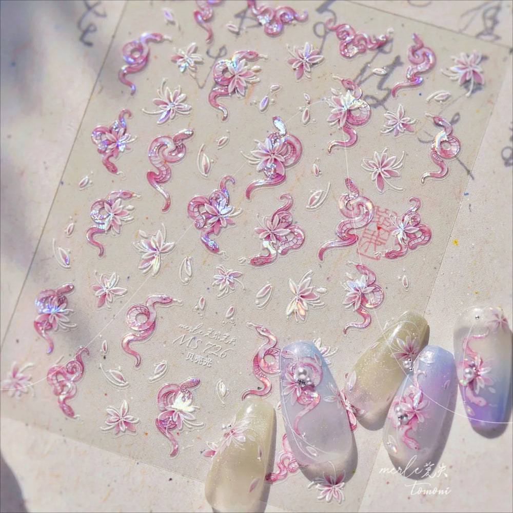 Chic Purple Serpent Flower Winding Snake Elements Shiny Dreamy Animals Self Adhesive Nail Art Sticker Embossment Manicure Decals (ONLINE ORDER ONLY)