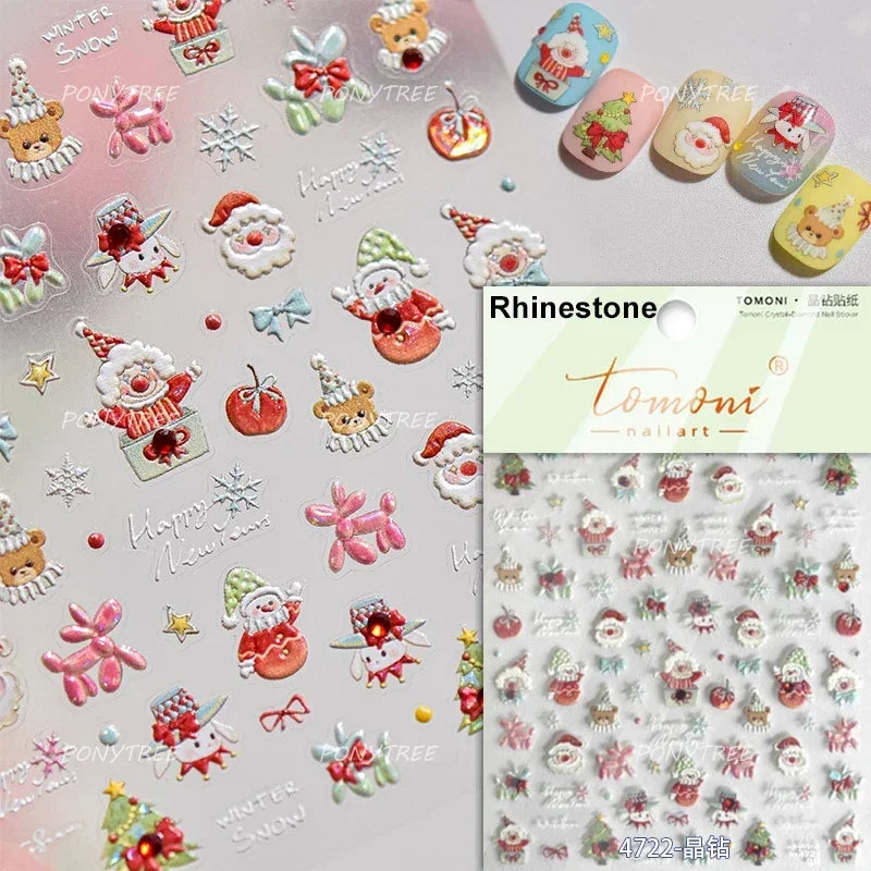 Santa's Hat Candy Santa Claus Christmas Tree Bell Elk 5D Self Adhesive Nail Art Stickers Button Snowflake Cherry Manicure Decals (ONLINE ORDER ONLY)