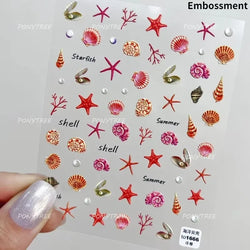 Conch Starfish Shell Beach Fish Star Ocean Colorful Water Bubbles Summer Delicate Self Adhesive Nail Art Stickers Manicure Decal (ONLINE ORDER ONLY)